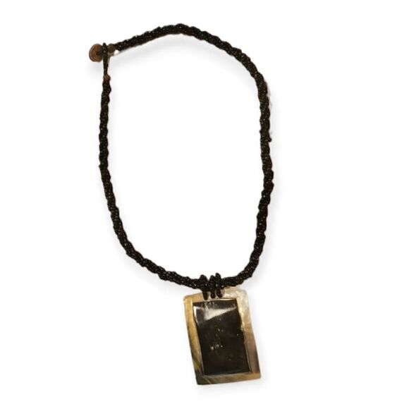 Artisan Seed Bead Shell Pendant Necklace and Black Beaded Earrings - Picture 9 of 15